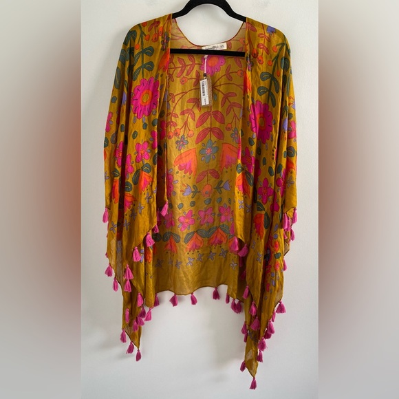 Natural Life Border Floral Tassel Bohemian  Kimono Mustard One Size New With Tag - Picture 1 of 6